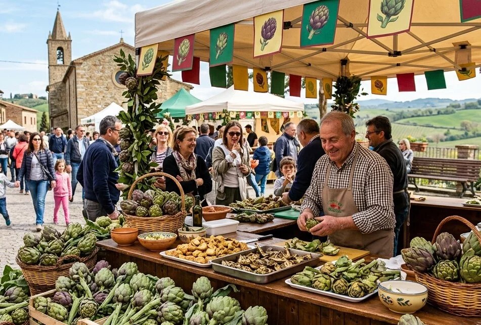 Banco di carciofi alla Sagra del Carciofo di Paestum IGP, con visitatori tra le bancarelle